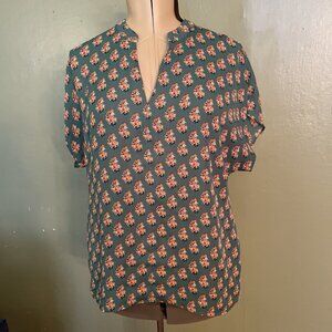 CAbi Boho Popover Chiffon Blouse Semi Sheer Short Sleeve Sz M Green Floral